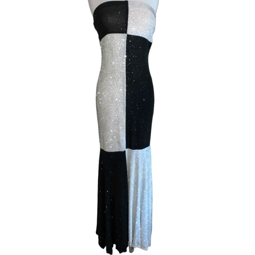 Stunning Jessica McClintock Long Dress Gown Women’s Sz 6 Black & White Metallic